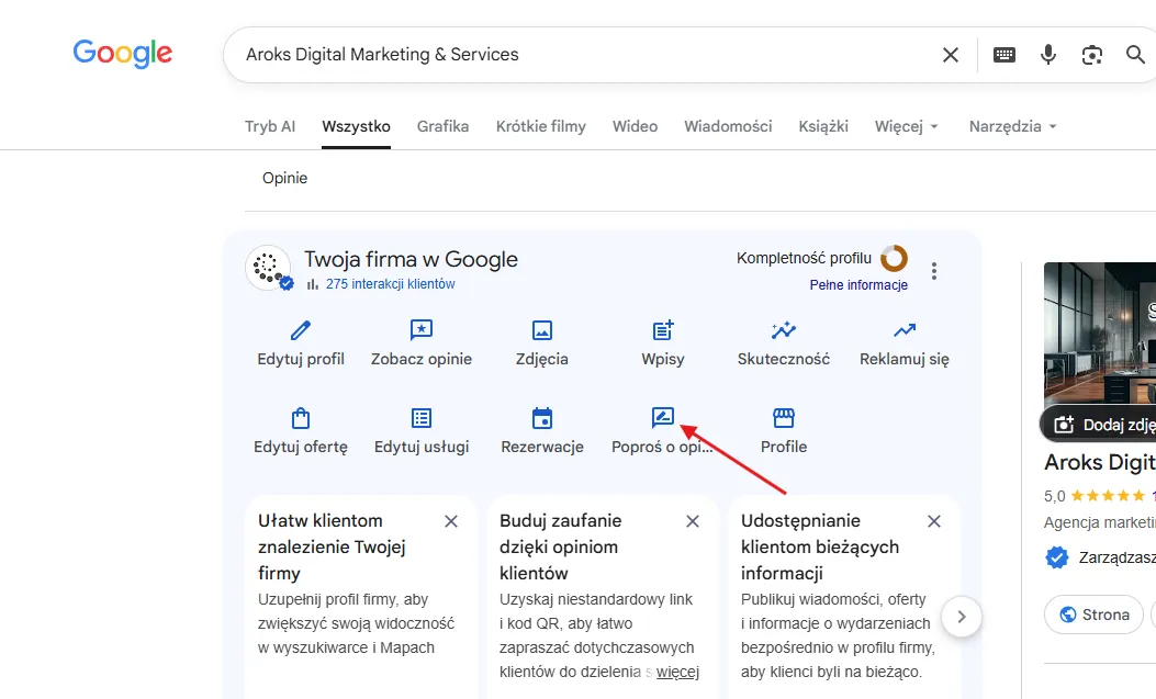 lokalizacja opcji w Profilu Firmy Google