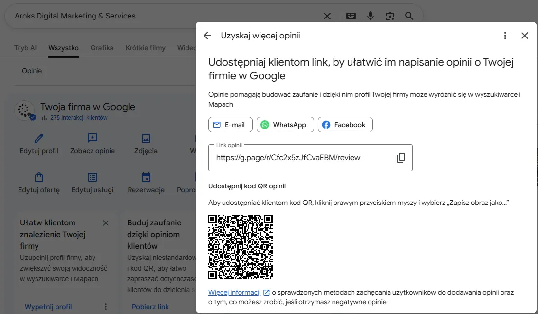 okno z linkiem oraz kodem QR